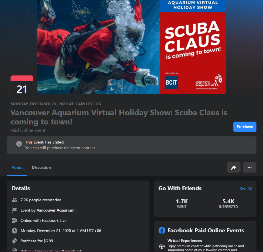 Facebook Online Paid Events for a Scuba Club